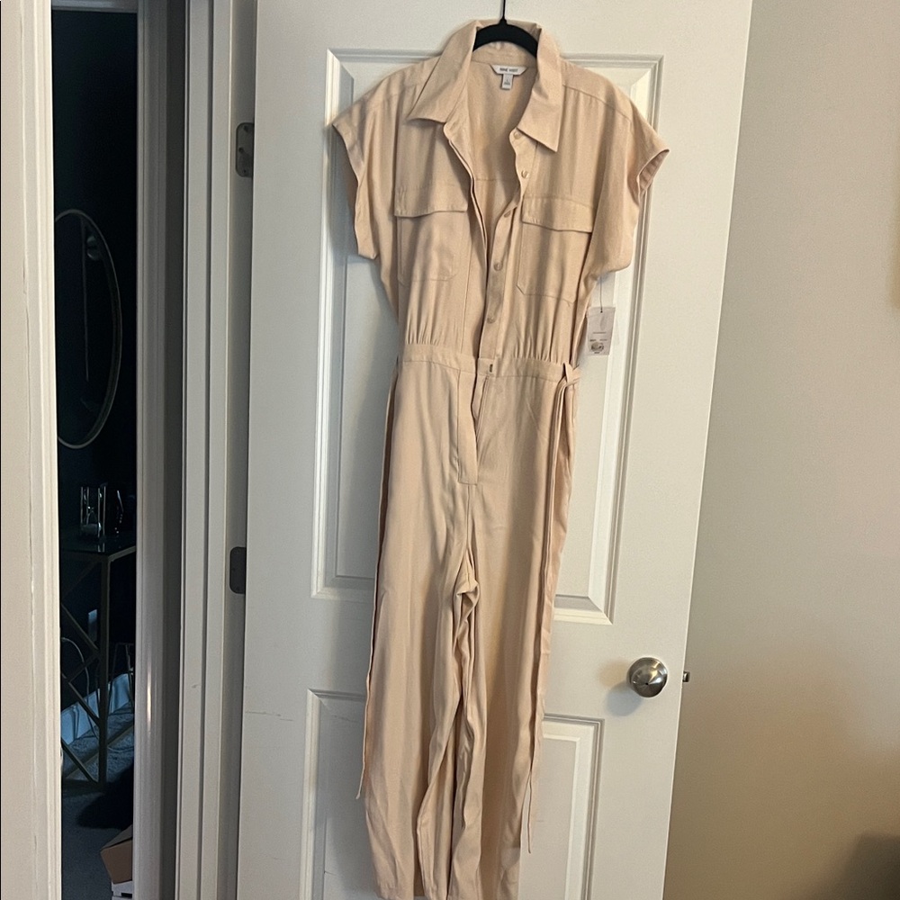 Nine West Utility Jumpsuit Large Camel Short Sleeve Button Front NWT